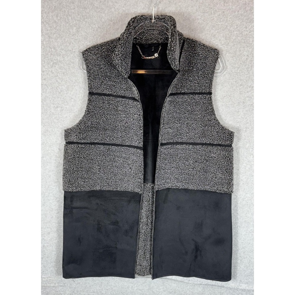Paparazzi Vest Womens Medium Gray Black Sherpa Fleece Faux Suede Sleeveless Warm